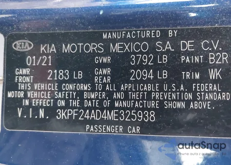 2021 Kia Forte Lxs из США, поврежденный, VIN 3KPF24AD4ME325938